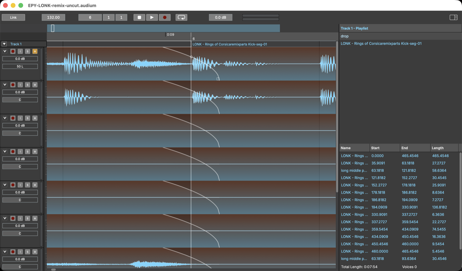 A crossfade at a clip joint: the outgoing clip's fade-out and the incoming clip's fade-in overlap