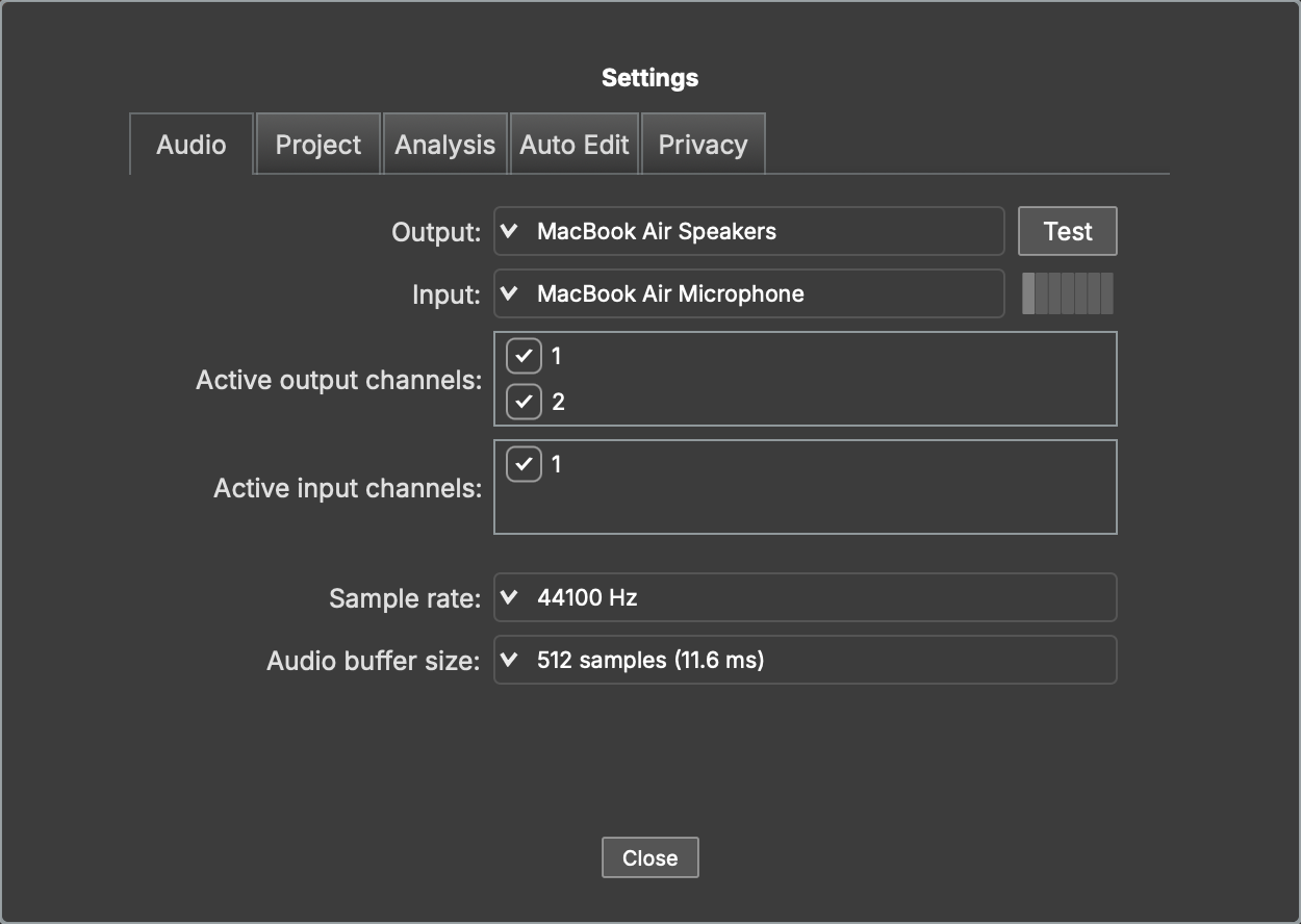 Settings → Audio: device, channels, sample rate and buffer size